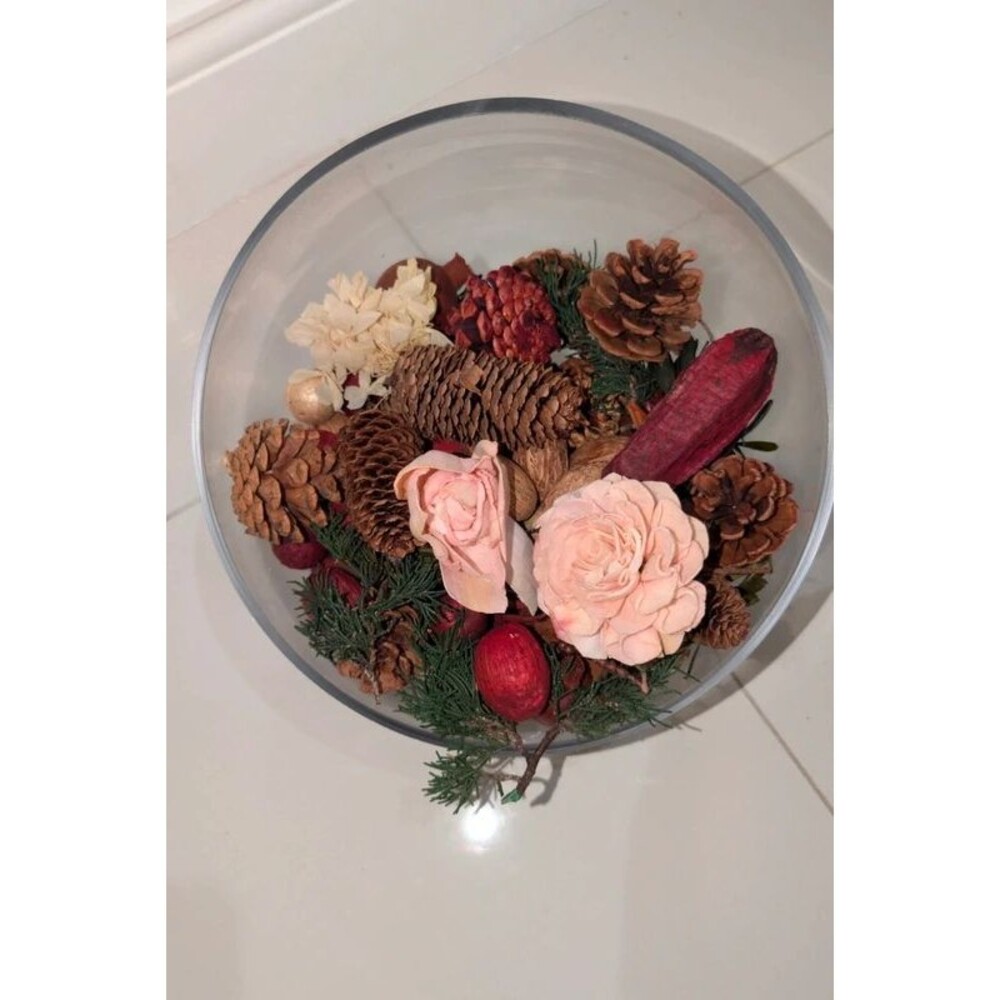 Christmas Decoration Glass Bowl Pinecones Red Glitter Balls Holiday Vintage